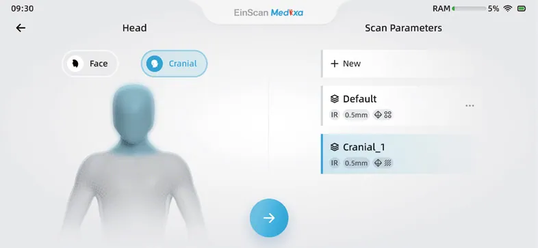 Interface EinScan Medixa — Sélection du preset
